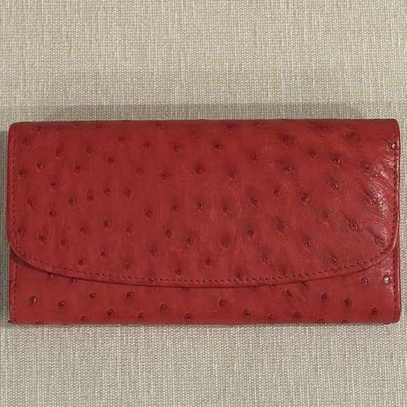 GENUINE OSTRICH LEATHER LADIES TRIFOLD RED WALLET - Picture 1 of 7